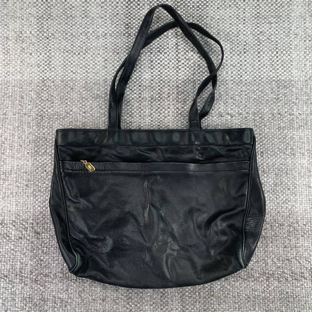 Tano Tote Bag Womens Large Black Leather Solid Brass Hardware Vintage Italy